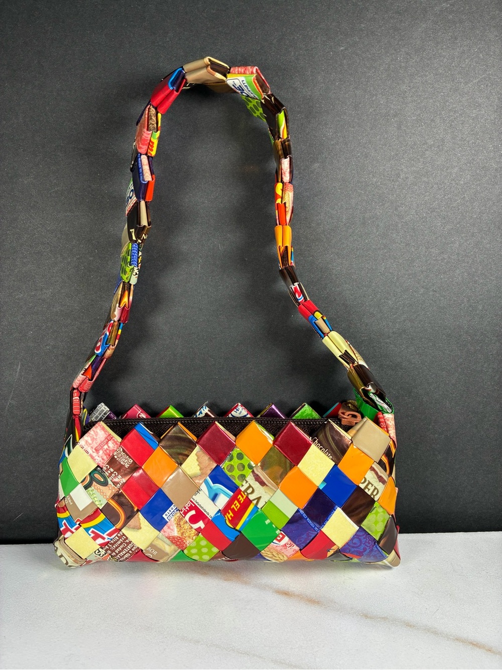 Nahui Ollin Colorful Hand Woven Recycled Candy Wrapper Shoulder Bag from Mexico